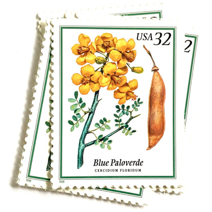 Blue Paloverde postage stamps from 1998 featuring yellow desert blossoms and blue-green branches on vintage unused 32-cent USPS postage, Scott 3194.