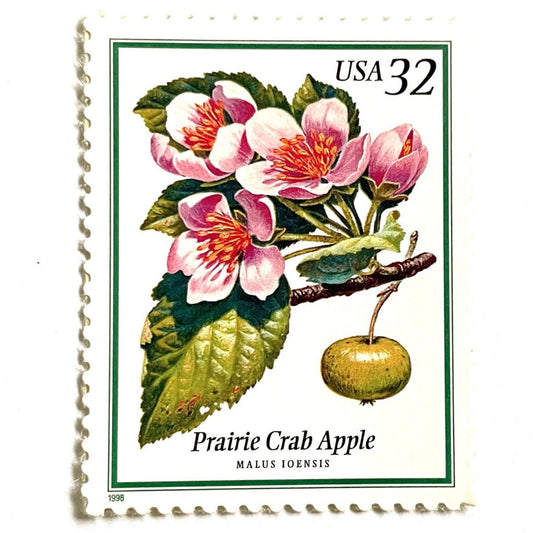 Prairie Crab Apple postage stamp from 1998 featuring pink and white flowering tree blossoms on vintage unused 32-cent USPS postage, Scott 3196.