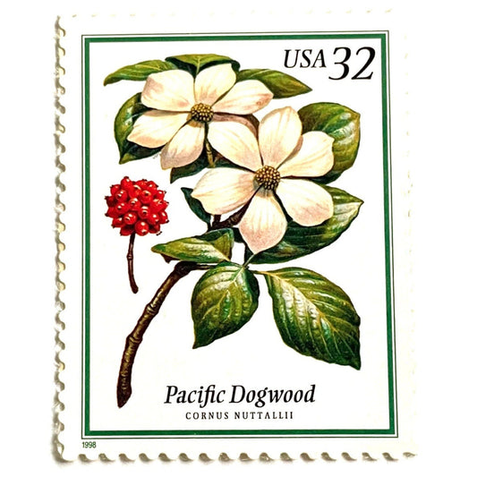 Pacific Dogwood postage stamps from 1998 featuring white flowering tree blossoms on vintage unused 32-cent USPS postage, Scott 3197.