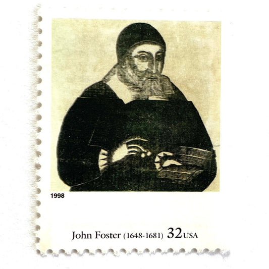 Close up image of John Foster’s “Portrait of Richard Mather” Postage Stamp from the 1998 Four Centuries of American Art Series. This stamp depicts the iconic engraving of a puritan minister. An iconic religious theme, this black and white postage stamp depicts a puritan minister and is often used to mail wedding invitations. These are vintage unused USPS postage stamps with a face value of 32 cents each. Scott number 3236A.