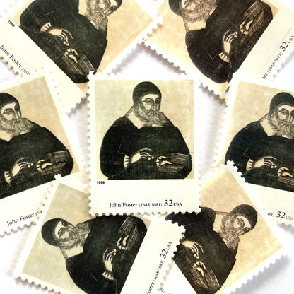 John Foster’s “Portrait of Richard Mather” Postage Stamp from the 1998 Four Centuries of American Art Series. This stamp depicts the iconic engraving of a puritan minister. An iconic religious theme, this black and white postage stamp depicts a puritan minister and is often used to mail wedding invitations. These are vintage unused USPS postage stamps with a face value of 32 cents each. Scott number 3236A.