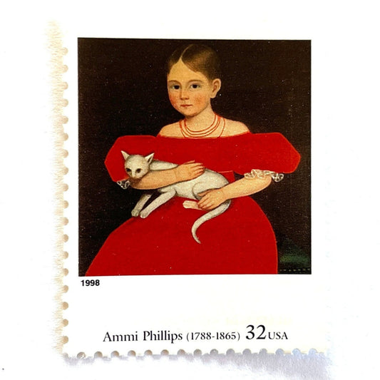 Close up image of Ammi Phillips's "Girl in Red Dress with Cat and Dog" Postage Stamp from the 1998 Four Centuries of American Art Series. This postage stamp depicts a portrait painting of a young girl seated, wearing a red dress, sitting with a white cat in her arms. This vintage unused USPS Postage stamp is often used to mail wedding invitations, save the date invitations, and has a face value of 32 cents. Scott number 3236C.