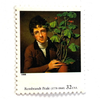Close up image of Rembrandt Peale’s "Rubens Peale with a Geranium" Postage Stamp from the 1998 Four Centuries of American Art Series. This stamp depicts a painting the artist’s brother, a botanist, holding a potted plant. An iconic horticultural or gardening theme, this predominately brown postage stamp is often used to mail wedding invitations. These are vintage unused USPS postage stamps with a face value of 32 cents each. Scott number 3236D.