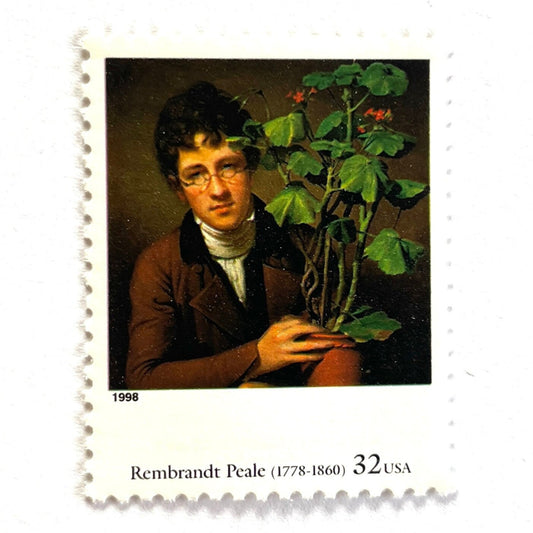 Close up image of Rembrandt Peale’s "Rubens Peale with a Geranium" Postage Stamp from the 1998 Four Centuries of American Art Series. This stamp depicts a painting the artist’s brother, a botanist, holding a potted plant. An iconic horticultural or gardening theme, this predominately brown postage stamp is often used to mail wedding invitations. These are vintage unused USPS postage stamps with a face value of 32 cents each. Scott number 3236D.