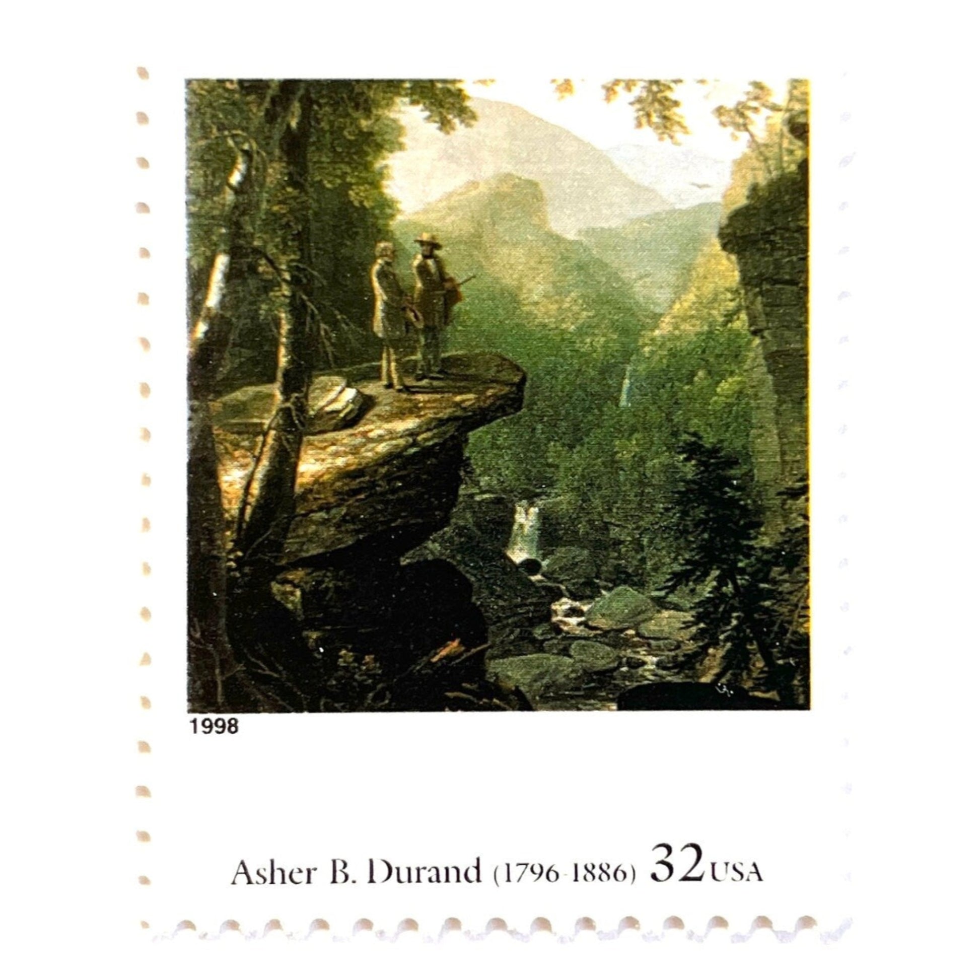 A close up image of Asher B. Durand’s “Kindred Spirits” Postage Stamp from the 1998 Four Centuries of American Art Series. This stamp depicts two men talking while overlooking a vast western landscape with waterfalls in the background. An iconic nature theme, this predominately green postage stamp iconically depicts the American West. These are vintage unused USPS postage  stamps with a face value of 32 cents. Scott number 3236G.