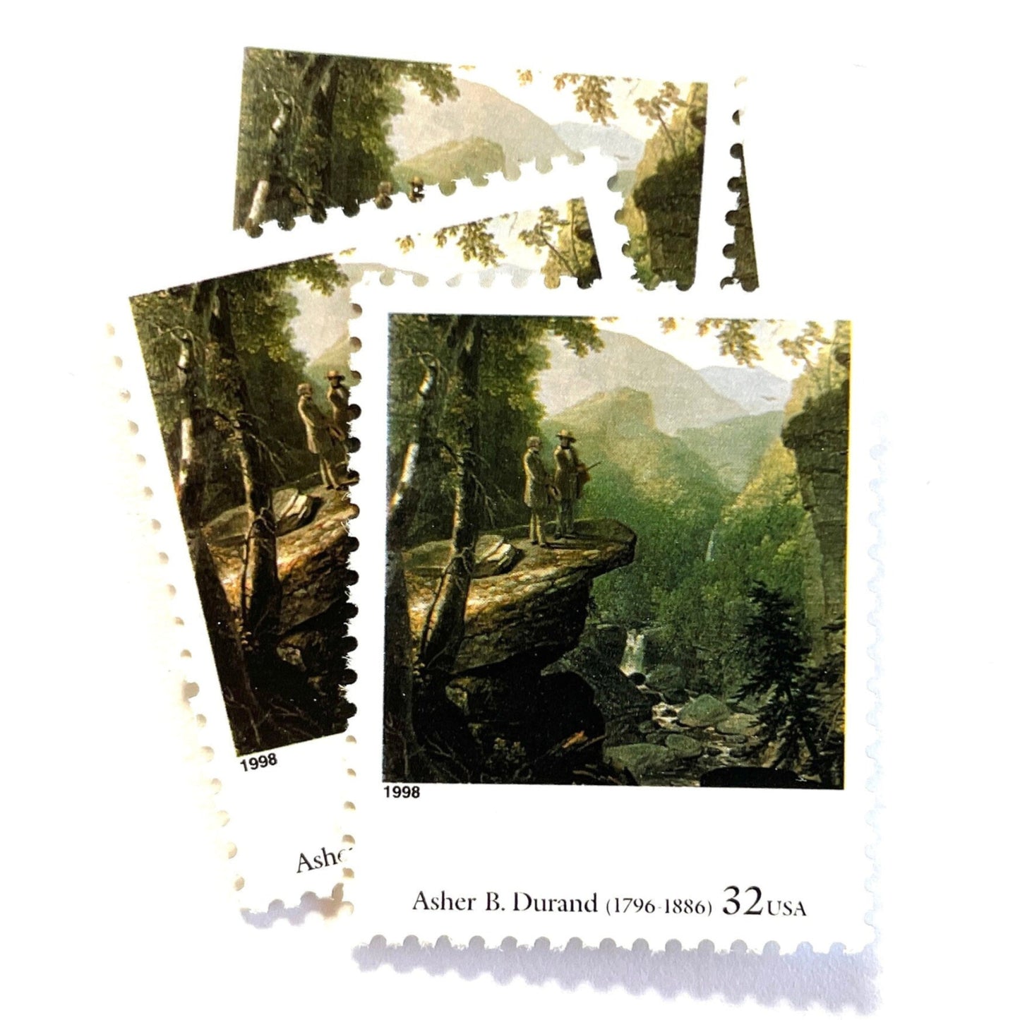 Asher B. Durand’s “Kindred Spirits” Postage Stamp from the 1998 Four Centuries of American Art Series. This stamp depicts two men talking while overlooking a vast western landscape with waterfalls in the background. An iconic nature theme, this predominately green postage stamp iconically depicts the American West. These are vintage unused USPS postage  stamps with a face value of 32 cents. Scott number 3236G.