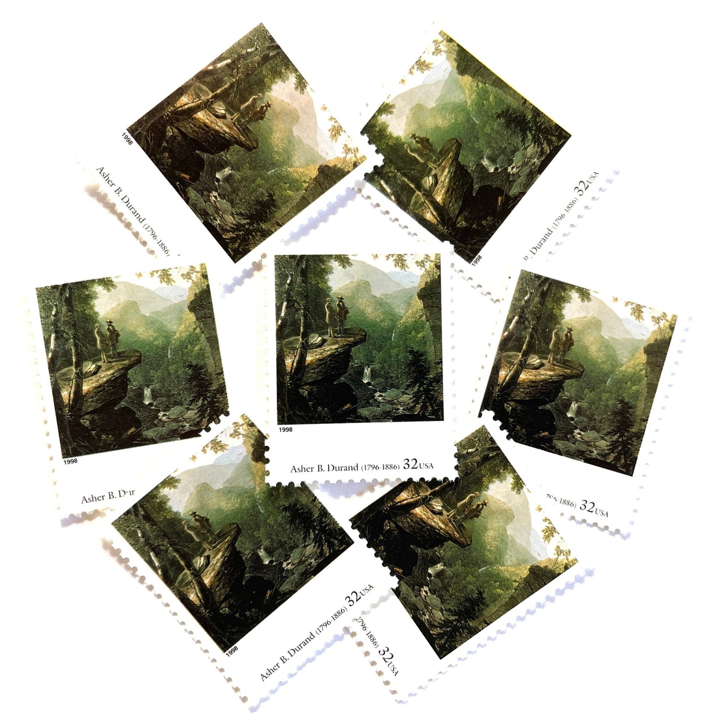 Asher B. Durand’s “Kindred Spirits” Postage Stamp from the 1998 Four Centuries of American Art Series. This stamp depicts two men talking while overlooking a vast western landscape with waterfalls in the background. An iconic nature theme, this predominately green postage stamp iconically depicts the American West. These are vintage unused USPS postage  stamps with a face value of 32 cents. Scott number 3236G.