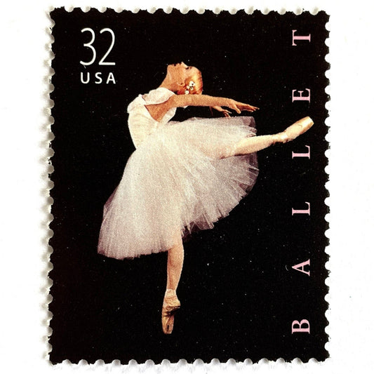 Vintage 1998 American Ballet postage stamp featuring a poised ballet dancer silhouetted against a black background on unused 32-cent USPS postage, Scott 3237.
