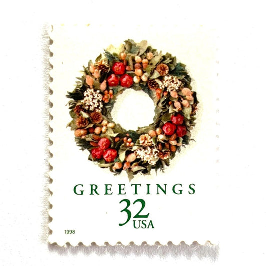 Image of 1998 Christmas Wreaths “Victorian Wreath” 32-cent stamps. Scott #2166. Stamp Themes: Christmas, Holidays, Wreath, Botanical, Victorian Era, American Folk Art. Multicolored postage stamp.