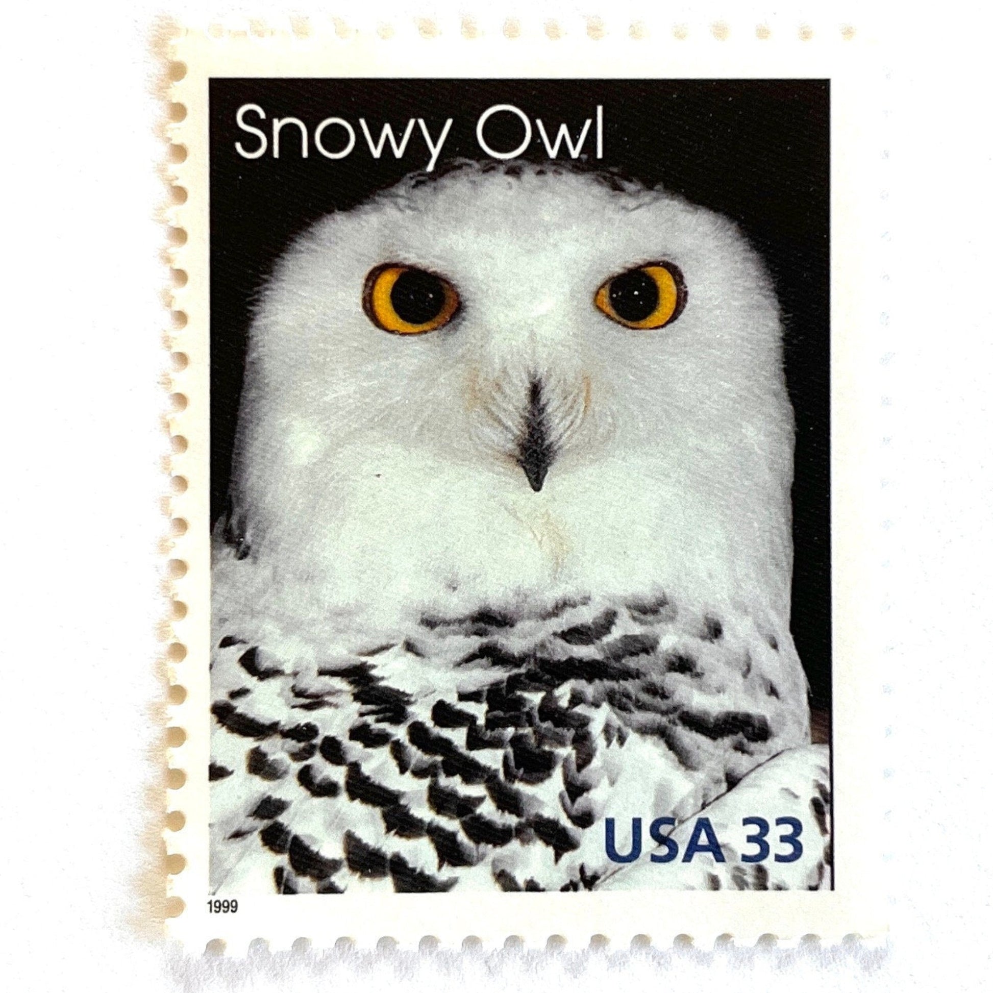 Image of 1999 Arctic Animals “Snowy Owl” 33-cent stamps. Scott #3290. Stamp Themes: Christmas, Owl, Birds of Prey, Snow, Alaska. Black and White postage stamp.