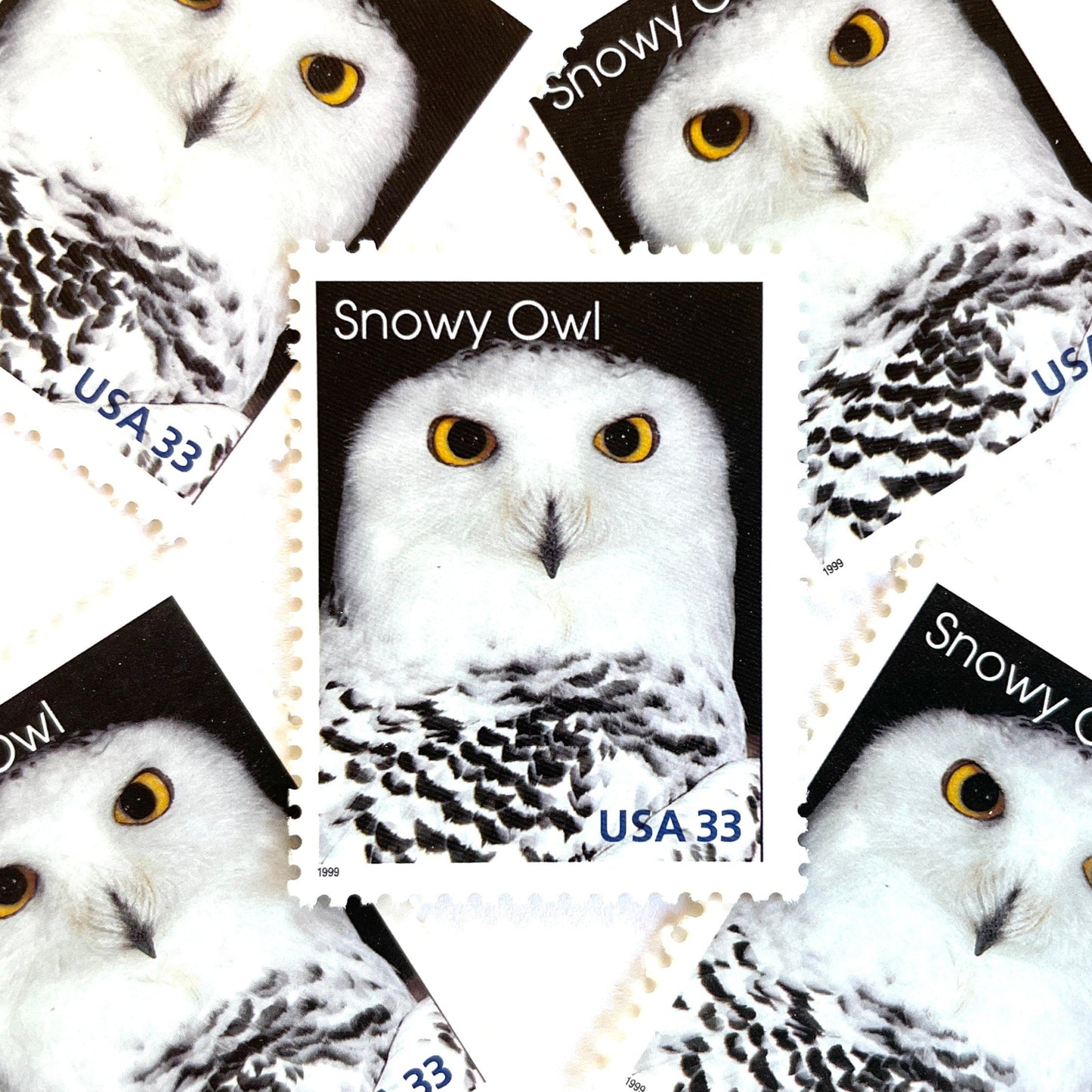 Image of 1999 Arctic Animals “Snowy Owl” 33-cent stamps. Scott #3290. Stamp Themes: Christmas, Owl, Birds of Prey, Snow, Alaska. Black and White postage stamp.