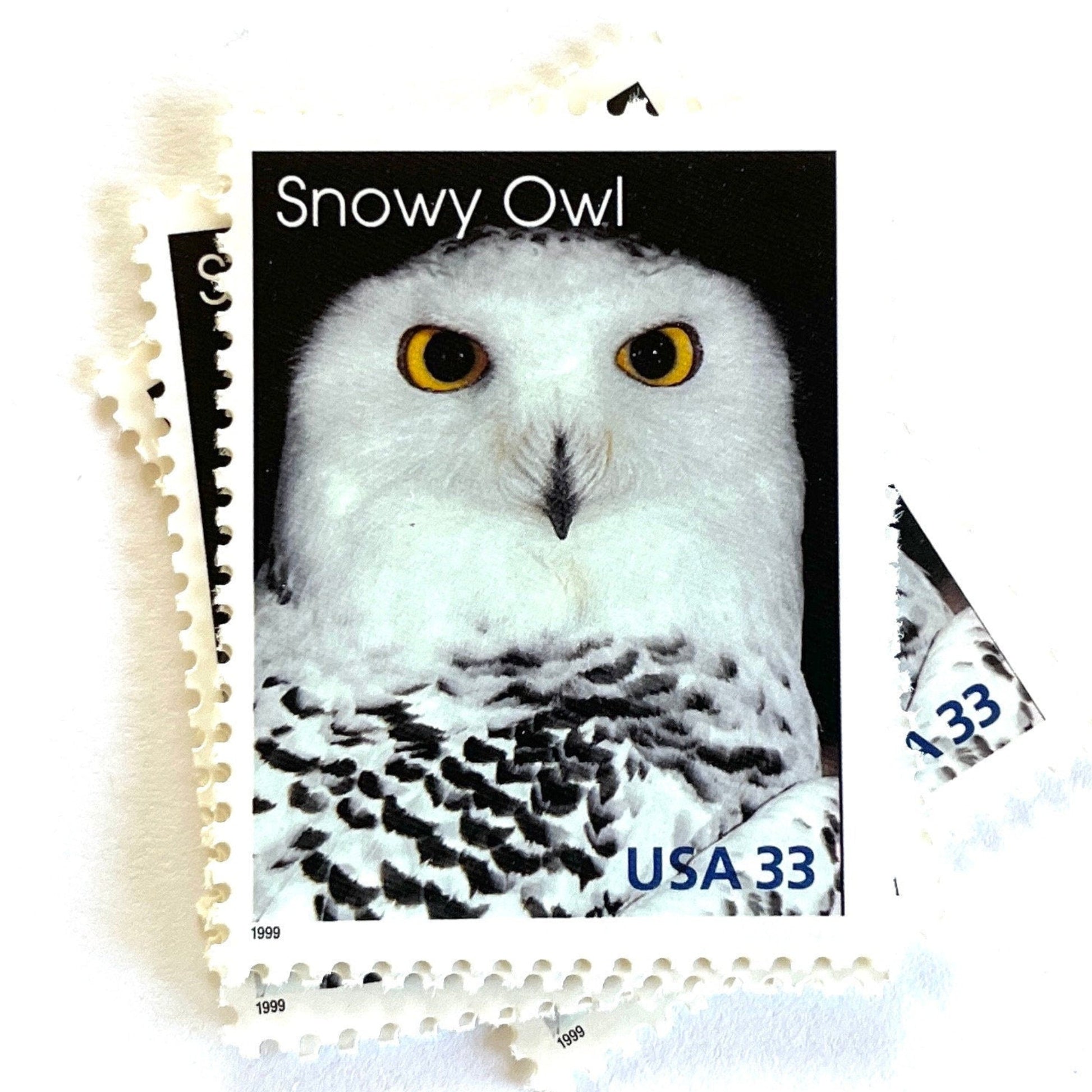Image of 1999 Arctic Animals “Snowy Owl” 33-cent stamps. Scott #3290. Stamp Themes: Christmas, Owl, Birds of Prey, Snow, Alaska. Black and White postage stamp.
