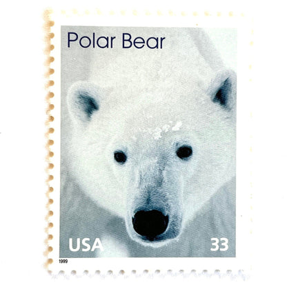 Image of 1999 Arctic Animals “Polar Bear” 33-cent stamps. Scott #3291. Stamp Themes: Winter, Snow, Christmas, Holidays, Wildlife, Alaska. White postage stamp.