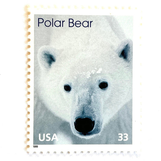 Image of 1999 Arctic Animals “Polar Bear” 33-cent stamps. Scott #3291. Stamp Themes: Winter, Snow, Christmas, Holidays, Wildlife, Alaska. White postage stamp.