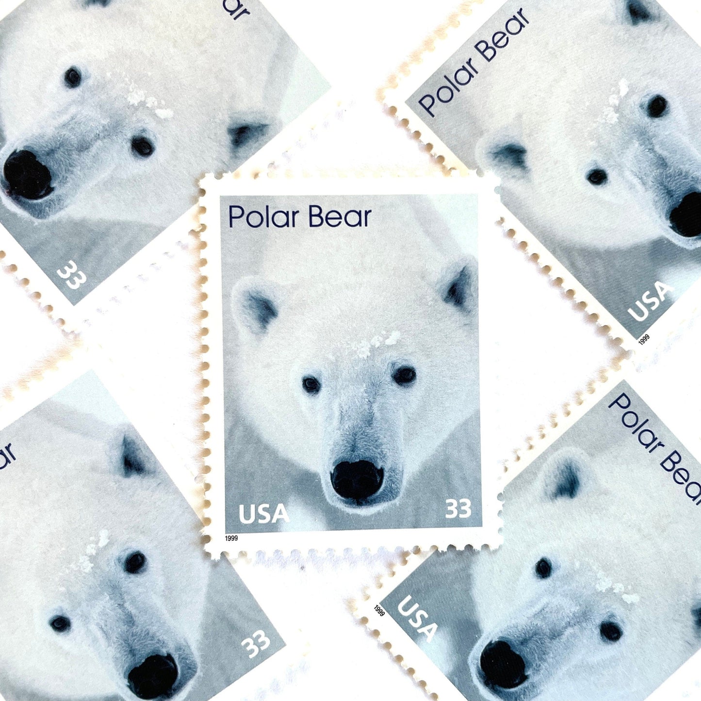 Image of 1999 Arctic Animals “Polar Bear” 33-cent stamps. Scott #3291. Stamp Themes: Winter, Snow, Christmas, Holidays, Wildlife, Alaska. White postage stamp.
