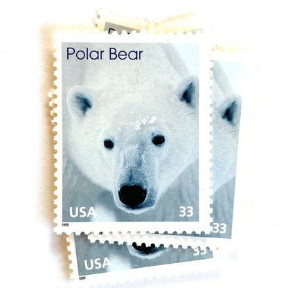 Image of 1999 Arctic Animals “Polar Bear” 33-cent stamps. Scott #3291. Stamp Themes: Winter, Snow, Christmas, Holidays, Wildlife, Alaska. White postage stamp.