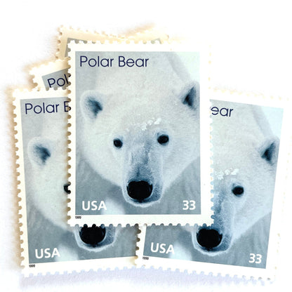 Image of 1999 Arctic Animals “Polar Bear” 33-cent stamps. Scott #3291. Stamp Themes: Winter, Snow, Christmas, Holidays, Wildlife, Alaska. White postage stamp.