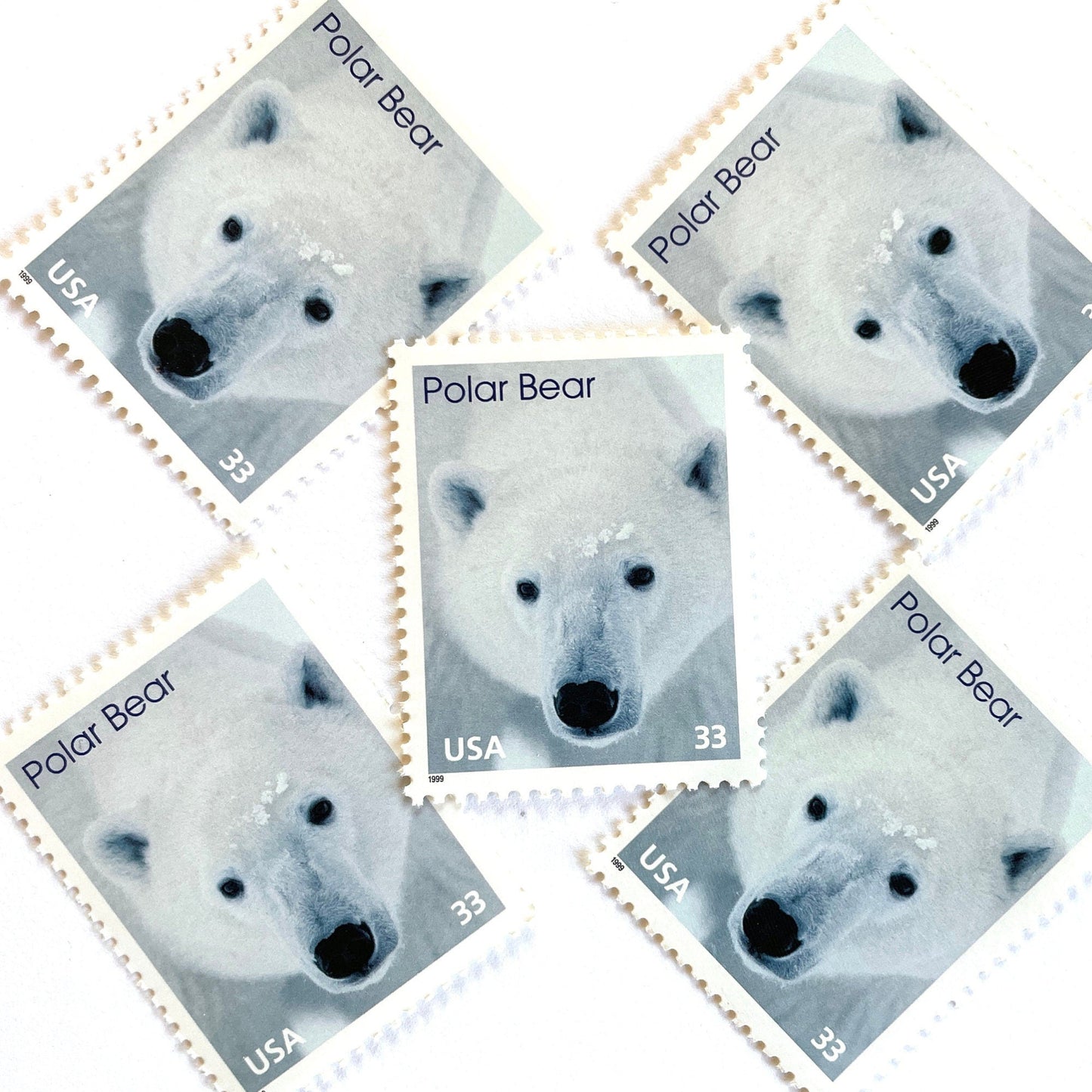 Image of 1999 Arctic Animals “Polar Bear” 33-cent stamps. Scott #3291. Stamp Themes: Winter, Snow, Christmas, Holidays, Wildlife, Alaska. White postage stamp.