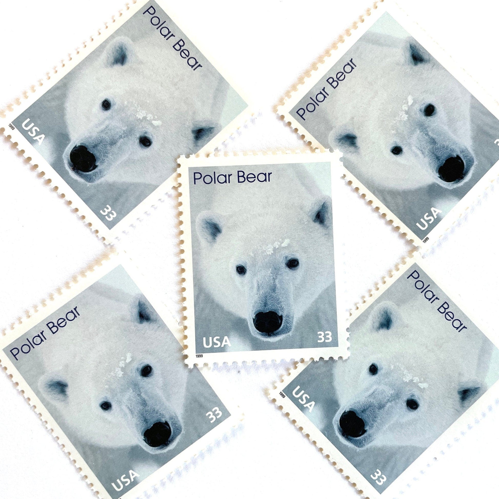 Image of 1999 Arctic Animals “Polar Bear” 33-cent stamps. Scott #3291. Stamp Themes: Winter, Snow, Christmas, Holidays, Wildlife, Alaska. White postage stamp.