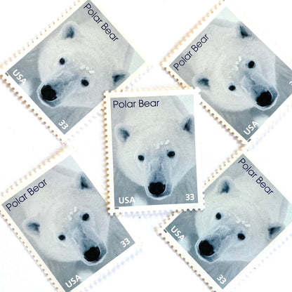Image of 1999 Arctic Animals “Polar Bear” 33-cent stamps. Scott #3291. Stamp Themes: Winter, Snow, Christmas, Holidays, Wildlife, Alaska. White postage stamp.