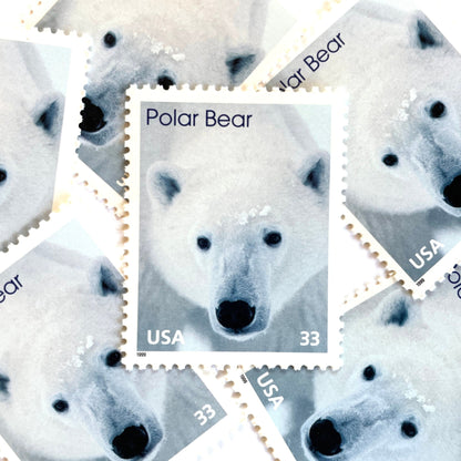 Image of 1999 Arctic Animals “Polar Bear” 33-cent stamps. Scott #3291. Stamp Themes: Winter, Snow, Christmas, Holidays, Wildlife, Alaska. White postage stamp.