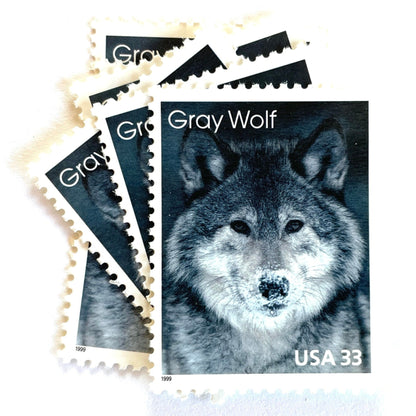 Image of four 33 cent Arctic Animals Series 1999 Gray Wolf stamps. Scott #3292. Stamp themes: Lone Wolf, Winter, Cold, Territorial, Predator, Dog, K9, Fur, Howl, Ecology, Wild, Alaska. Gray or grey postage stamp.