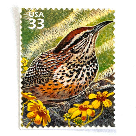 Image of Cactus Wren postage stamps from the 1999 Nature of America Sonoran Desert series, featuring a brown desert bird in a Southwestern landscape on vintage unused 33-cent USPS postage, Scott 3293a.