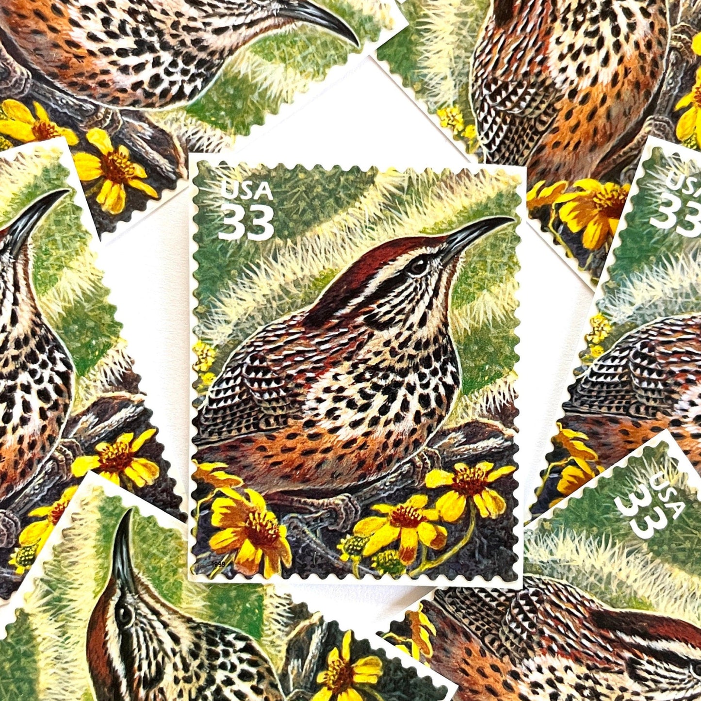 Image of Cactus Wren postage stamps from the 1999 Nature of America Sonoran Desert series, featuring a brown desert bird in a Southwestern landscape on vintage unused 33-cent USPS postage, Scott 3293a.