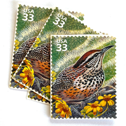Image of Cactus Wren postage stamps from the 1999 Nature of America Sonoran Desert series, featuring a brown desert bird in a Southwestern landscape on vintage unused 33-cent USPS postage, Scott 3293a.