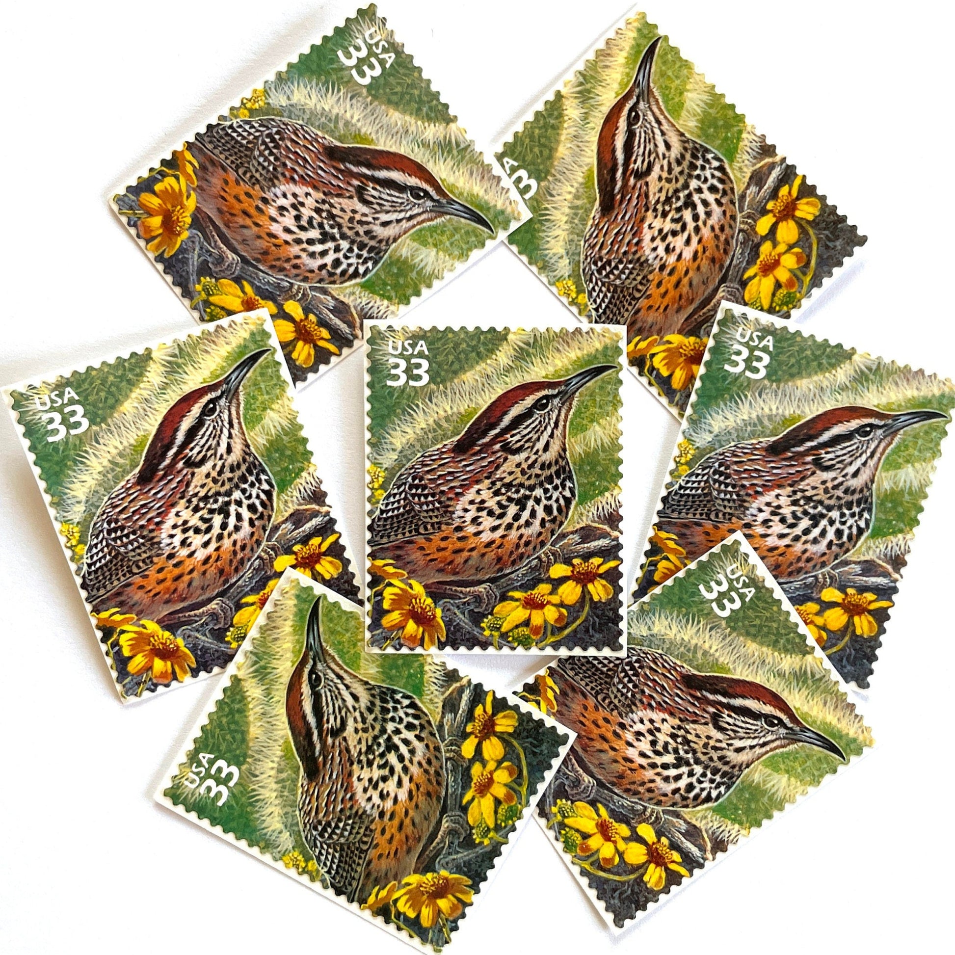 Image of Cactus Wren postage stamps from the 1999 Nature of America Sonoran Desert series, featuring a brown desert bird in a Southwestern landscape on vintage unused 33-cent USPS postage, Scott 3293a.