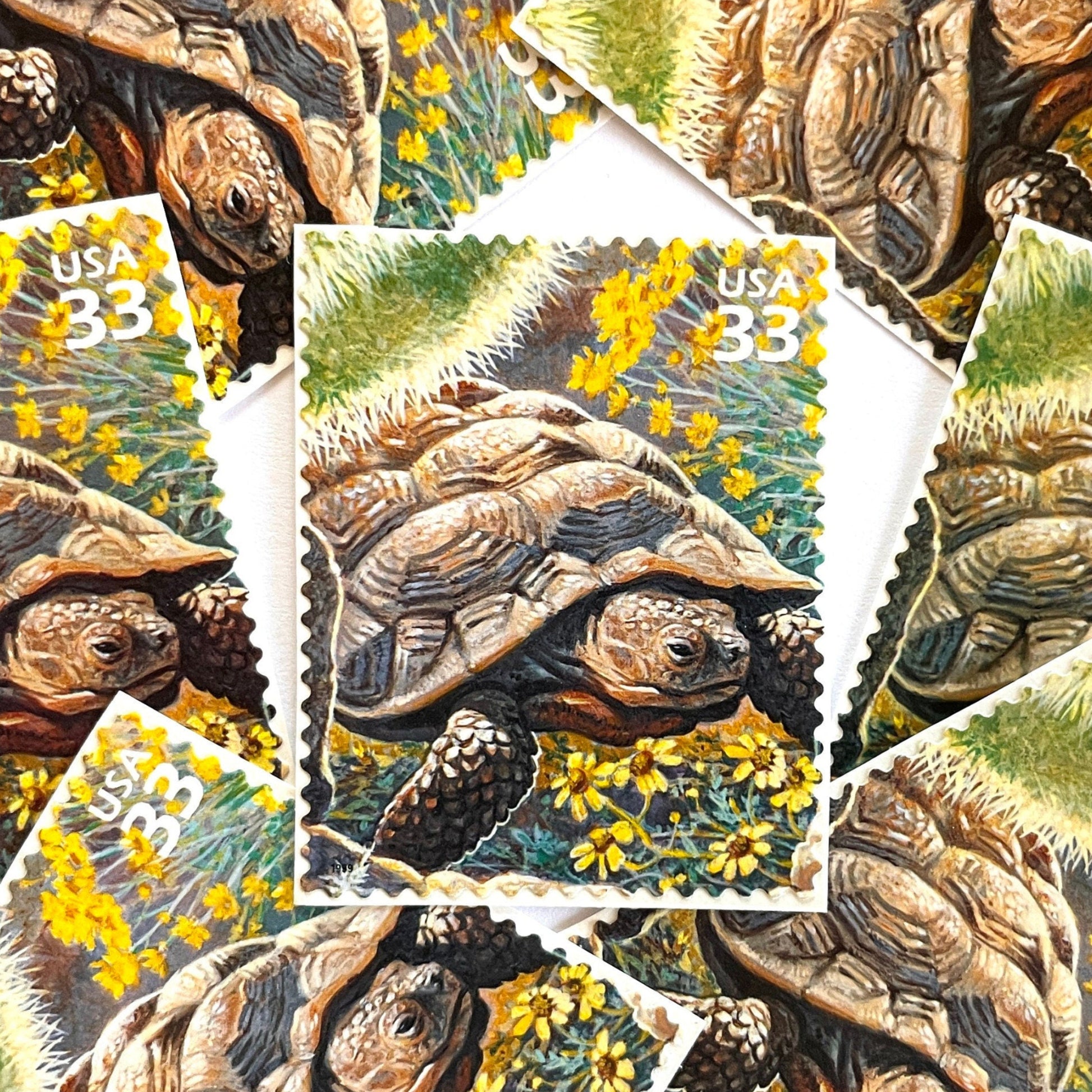 Image of Desert Tortoise postage stamps from the 1999 Nature of America Sonoran Desert issue, featuring a brown desert tortoise set in yellow flowers and cactus in a Southwestern landscape on vintage unused 33-cent USPS postage, Scott 3293b.