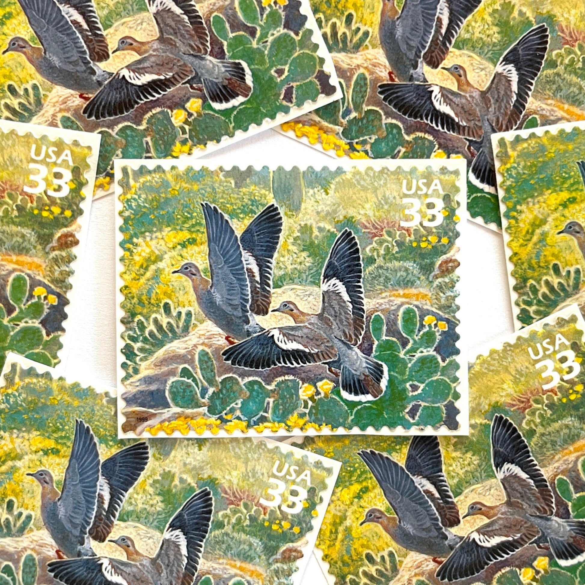 Image of White-winged Dove postage stamps from the 1999 Nature of America Sonoran Desert issue, featuring a gray desert dove in a Southwestern landscape of green cactus and yellow flowers on vintage unused 33-cent USPS postage, Scott 3293c.
