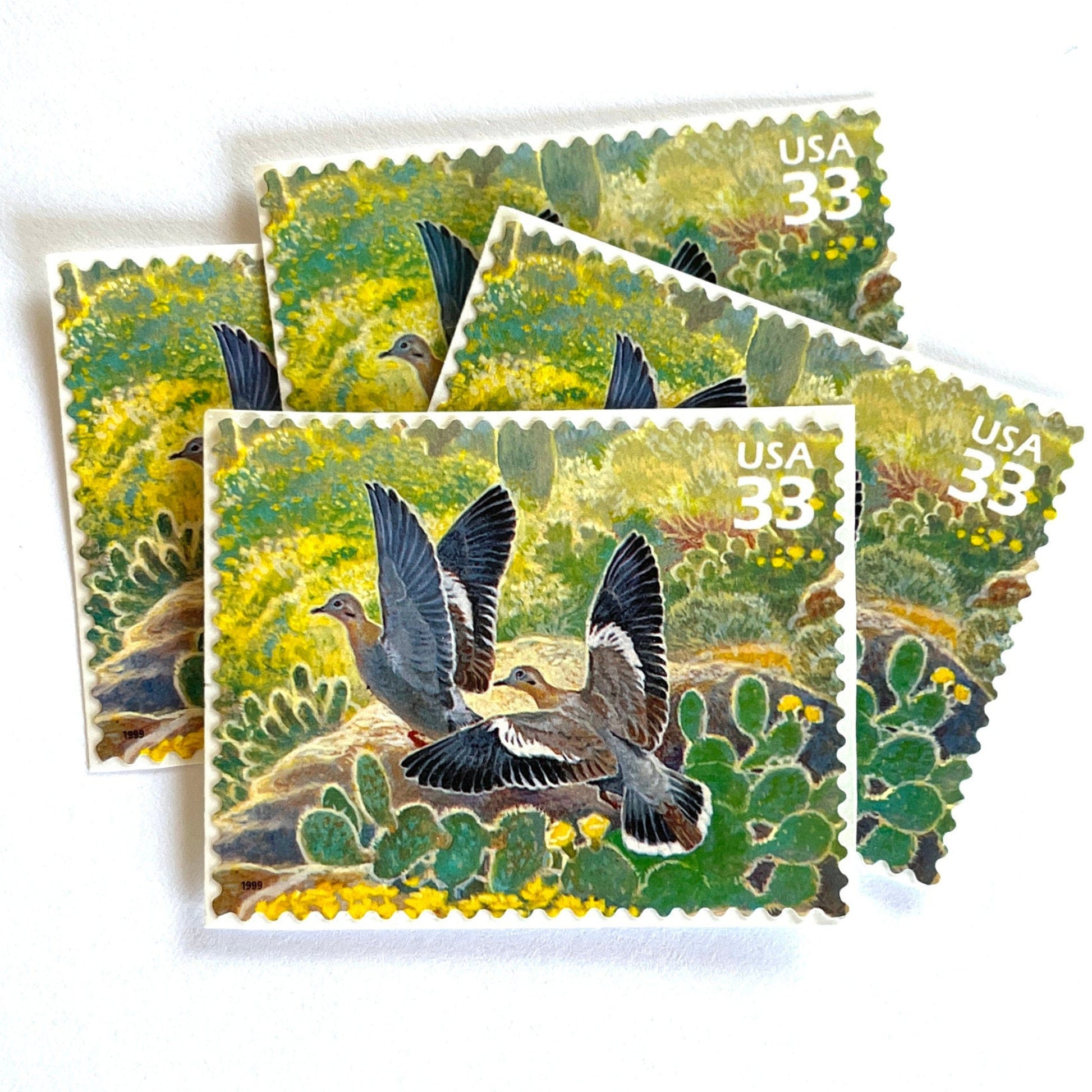 Image of White-winged Dove postage stamps from the 1999 Nature of America Sonoran Desert issue, featuring a gray desert dove in a Southwestern landscape of green cactus and yellow flowers on vintage unused 33-cent USPS postage, Scott 3293c.