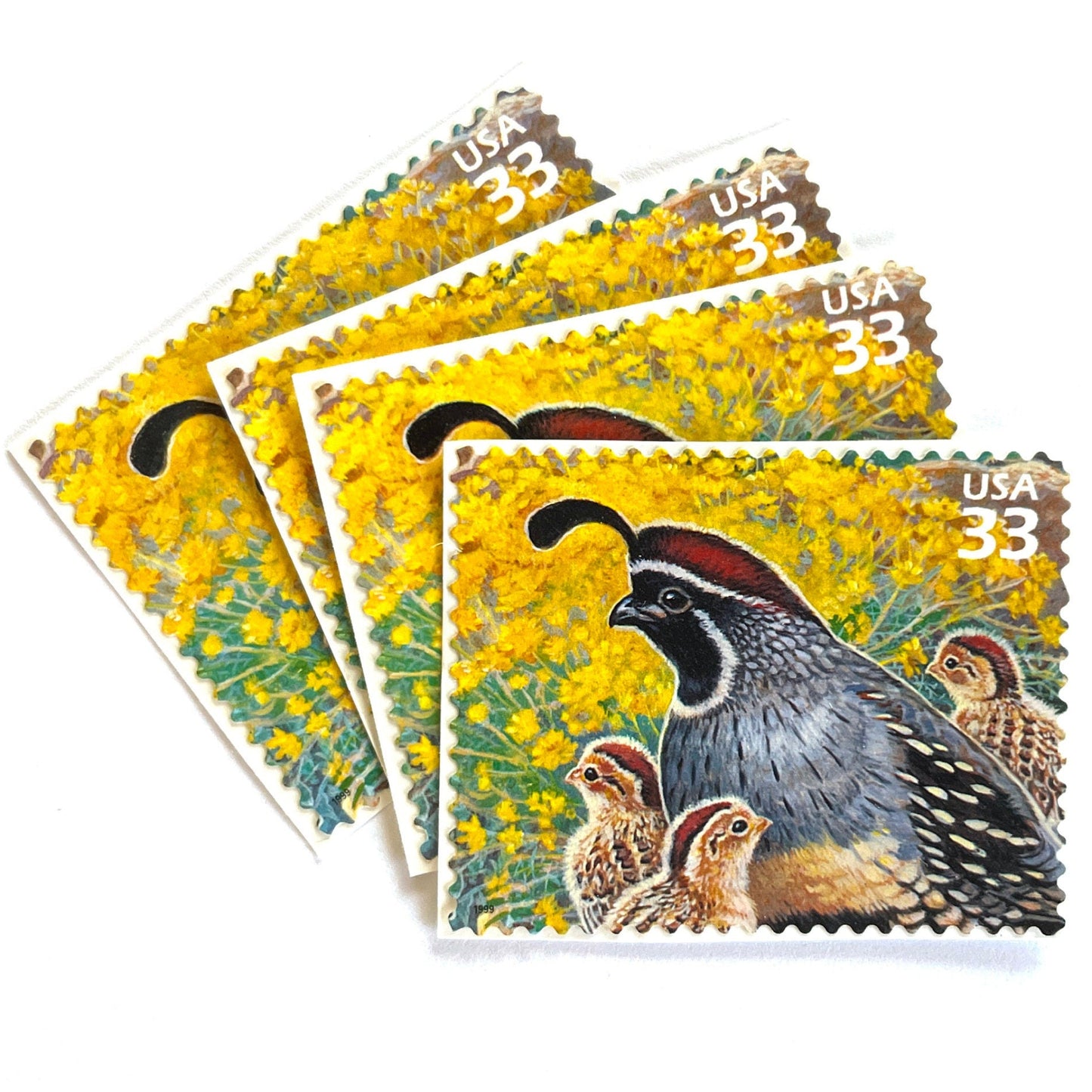 Image of Gambel Quail postage stamps from the 1999 Nature of America Sonoran Desert series, featuring a gray and brown desert bird in a Southwestern landscape on vintage unused 33-cent USPS postage, Scott 3293d.