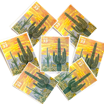 Image of Saguaro Cactus postage stamps from the 1999 Nature of America Sonoran Desert series, featuring a green saguaro cactus in a Southwestern desert landscape on vintage unused 33-cent USPS postage, Scott 3293e.