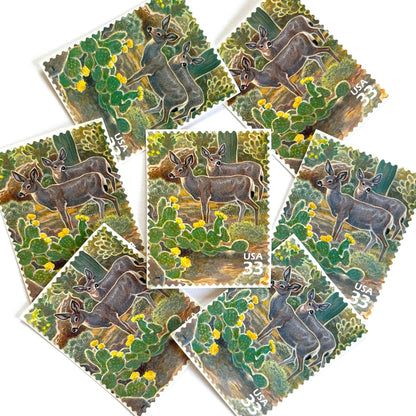 Image of Desert Mule Deer postage stamps from the 1999 Nature of America Sonoran Desert series, featuring brown mule deer standing amongst green cactus with yellow flowers in a Southwestern desert landscape on vintage unused 33-cent USPS postage, Scott 3293f.
