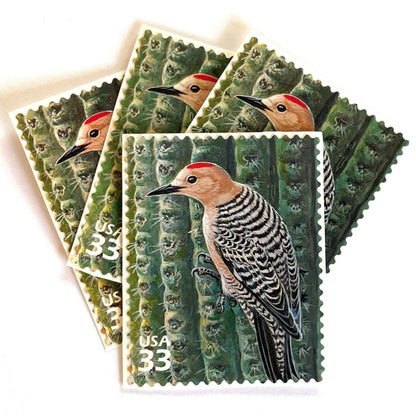 Image of Gila Woodpecker postage stamps from the 1999 Nature of America Sonoran Desert issue, featuring a brown desert bird perched on a cactus in a Southwestern landscape on vintage unused 33-cent USPS postage, Scott 3293j.