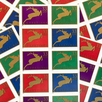 Image of 1999 Contemporary Christmas “Reindeer” 33-cent stamps. Scott #3360-63. Stamp Themes: Christmas, Holidays, Reindeer, Jumping Deer, Antlers, Greetings. Multicolored postage stamps.