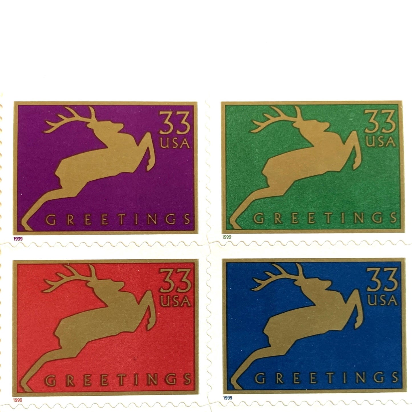 Image of 1999 Contemporary Christmas “Reindeer” 33-cent stamps. Scott #3360-63. Stamp Themes: Christmas, Holidays, Reindeer, Jumping Deer, Antlers, Greetings. Multicolored postage stamps.