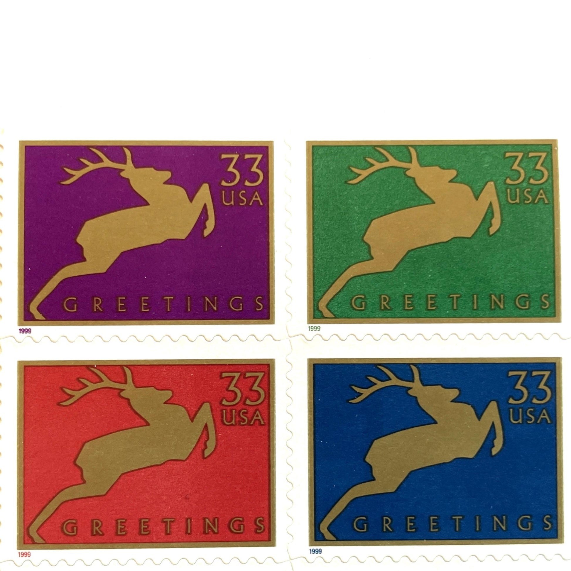 Image of 1999 Contemporary Christmas “Reindeer” 33-cent stamps. Scott #3360-63. Stamp Themes: Christmas, Holidays, Reindeer, Jumping Deer, Antlers, Greetings. Multicolored postage stamps.