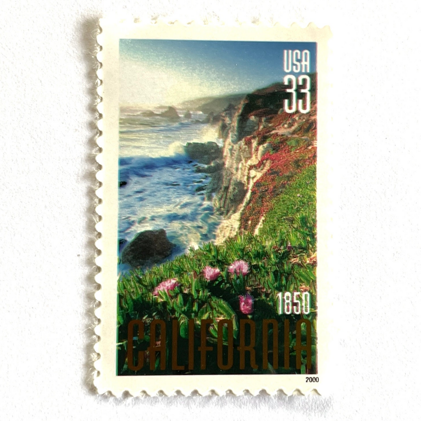 Image of 2000 California Statehood Big Sur 33 cent stamps. Scott #3438. Stamp themes: Big Sur, California, Golden State, Rugged Coast, Pacific Ocean, Cliffs, California Wedding.