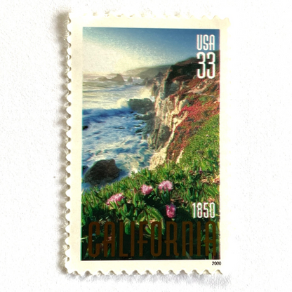 Image of 2000 California Statehood Big Sur 33 cent stamps. Scott #3438. Stamp themes: Big Sur, California, Golden State, Rugged Coast, Pacific Ocean, Cliffs, California Wedding.