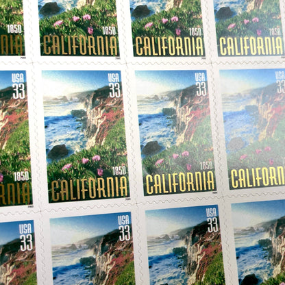Image of 2000 California Statehood Big Sur 33 cent stamps. Scott #3438. Stamp themes: Big Sur, California, Golden State, Rugged Coast, Pacific Ocean, Cliffs, California Wedding.