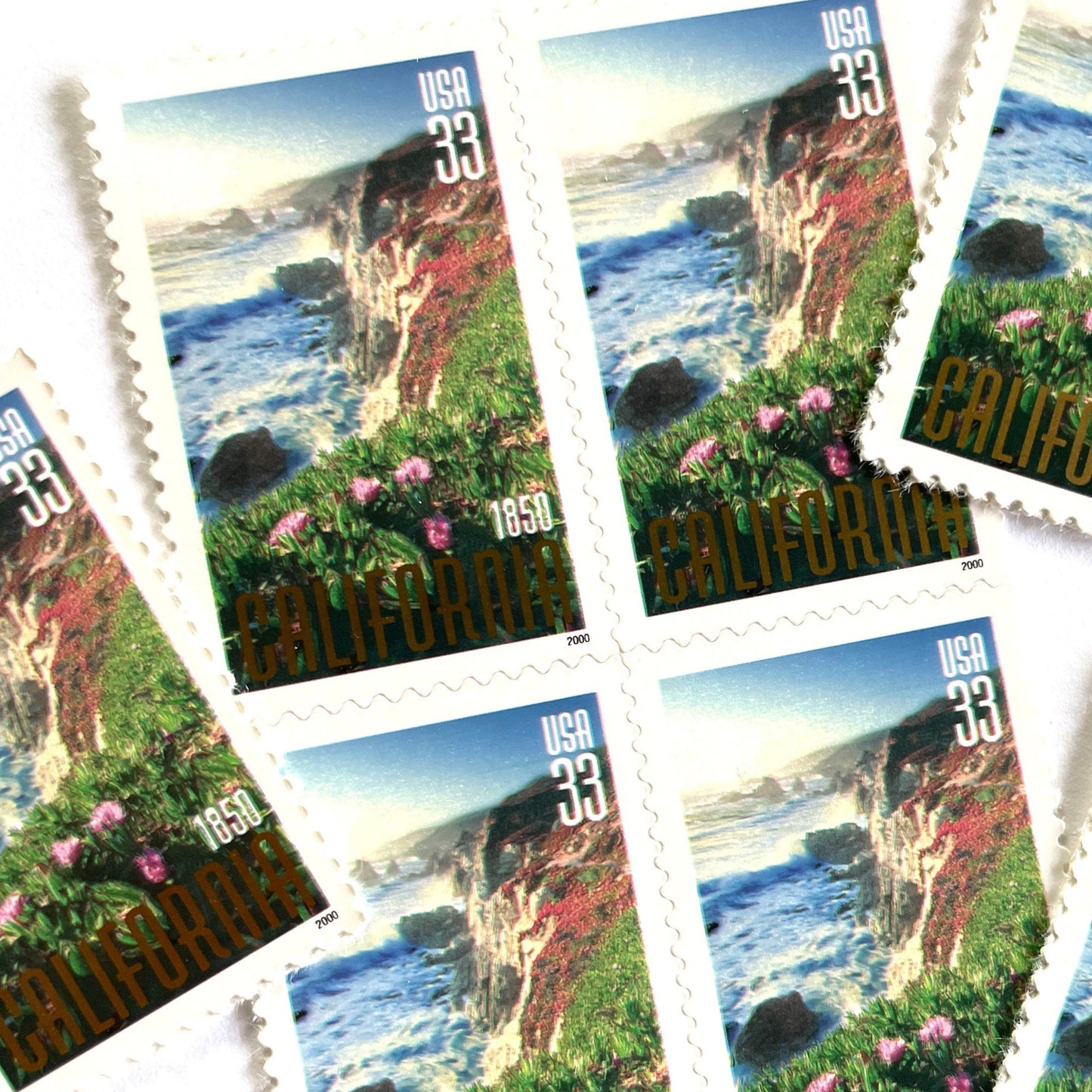Image of 2000 California Statehood Big Sur 33 cent stamps. Scott #3438. Stamp themes: Big Sur, California, Golden State, Rugged Coast, Pacific Ocean, Cliffs, California Wedding.