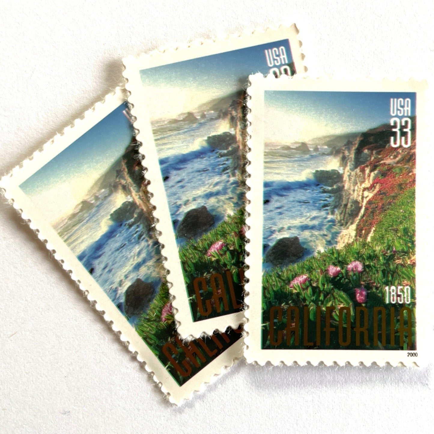 Image of 2000 California Statehood Big Sur 33 cent stamps. Scott #3438. Stamp themes: Big Sur, California, Golden State, Rugged Coast, Pacific Ocean, Cliffs, California Wedding.