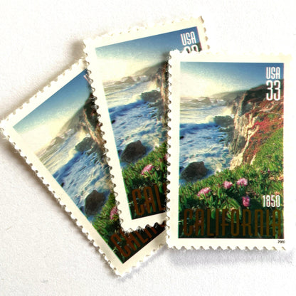 Image of 2000 California Statehood Big Sur 33 cent stamps. Scott #3438. Stamp themes: Big Sur, California, Golden State, Rugged Coast, Pacific Ocean, Cliffs, California Wedding.
