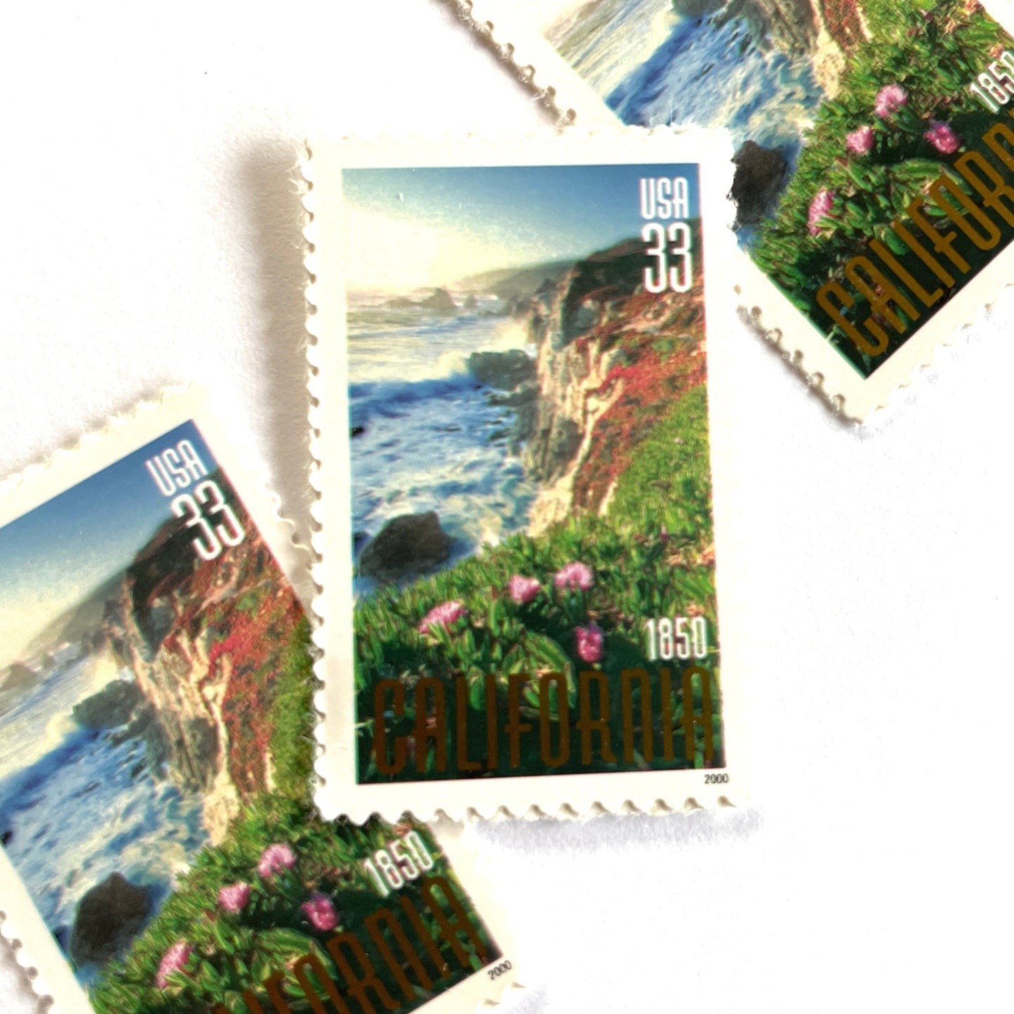 Image of 2000 California Statehood Big Sur 33 cent stamps. Scott #3438. Stamp themes: Big Sur, California, Golden State, Rugged Coast, Pacific Ocean, Cliffs, California Wedding.