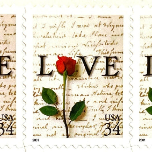 Rose & Love Letter postage stamp from 2001 featuring a red rose over John Adams’s handwritten love letter to Abigail Smith on vintage unused 34-cent USPS postage, Scott 3497.