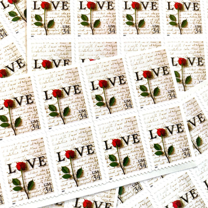Rose & Love Letter postage stamps from 2001 featuring a red rose over John Adams’s handwritten love letter to Abigail Smith on vintage unused 34-cent USPS postage, Scott 3497.