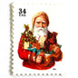 Image of 34-cent Contemporary Christmas Santa Claus Se-tenant “Santa with Toy Horse” USPS postage stamp featuring a relatively skinny white bearded Santa wearing a brown, hooded robe over a red suit. This sober looking Santa is holding a bounty of toys and gifts for children, including a doll dressed in blue and white, a small evergreen tree decorated with garland, and a rocking horse. Scott #3537. Stamp themes: Christmas, holidays, winter, Santa Claus, toys, gifts, winter wedding, winter save-the-date. Red